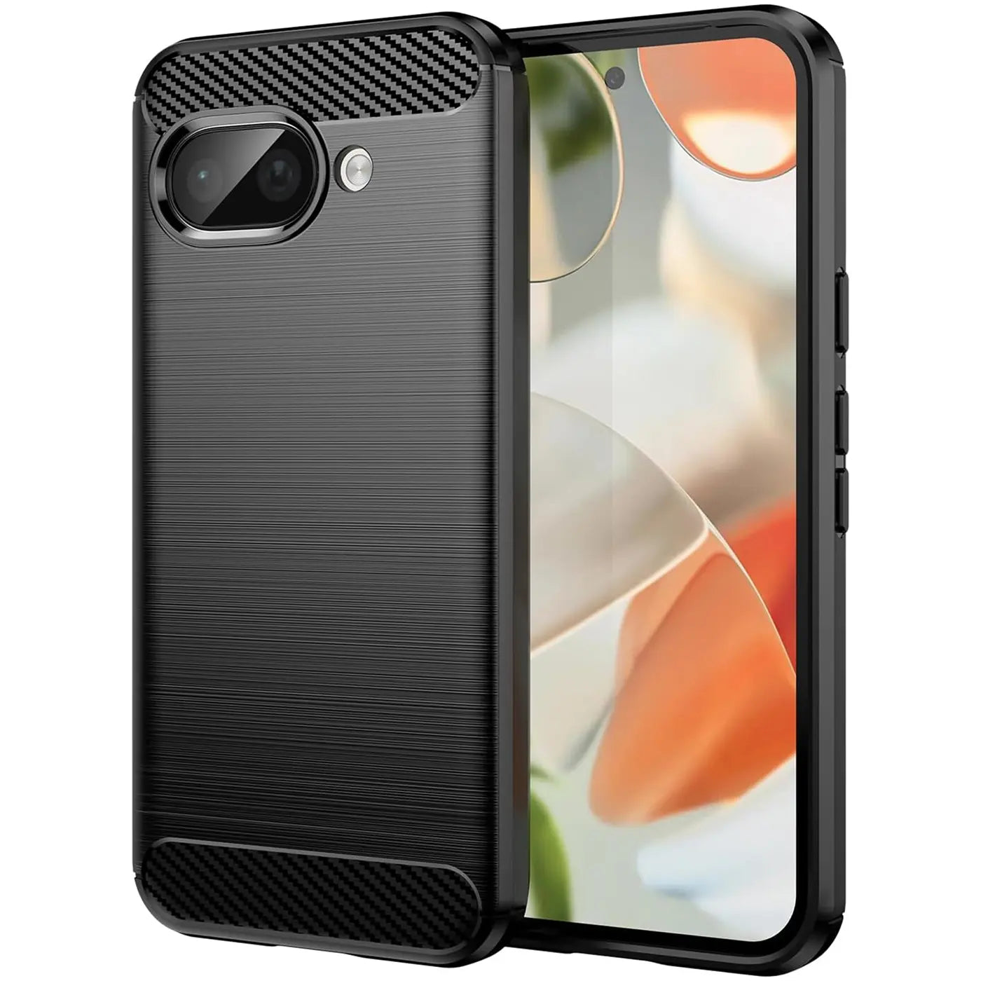 Schwarze Carbon-Hülle mit gebürsteter Textur auf einem Google Pixel 9a, schräg von hinten rechts fotografiert.