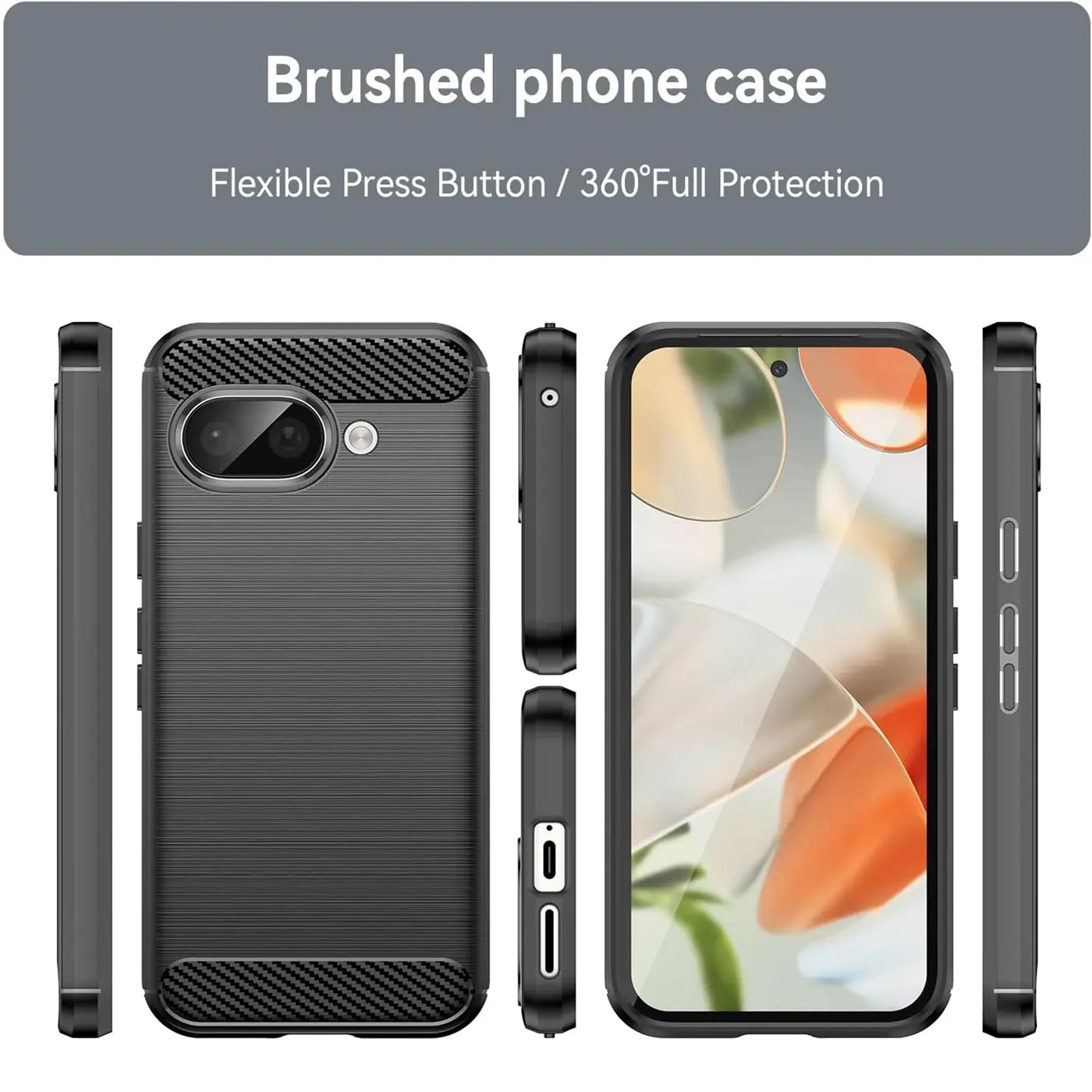 Schwarze Carbon-Hülle für Google Pixel 9a, Ansichten von Rückseite, Vorderseite, Ober-, Unter- und beiden Seiten.
