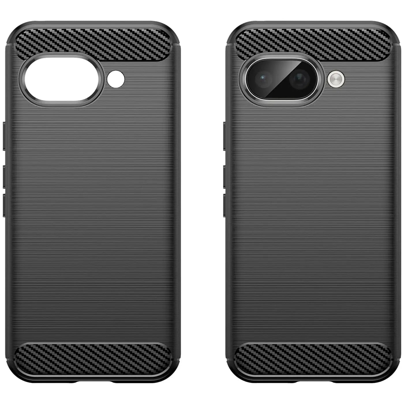 Zwei schwarze, stoßfeste Carbon-Hüllen für Google Pixel 9a, Rückseite mit gebürsteter Textur, von vorne und hinten.