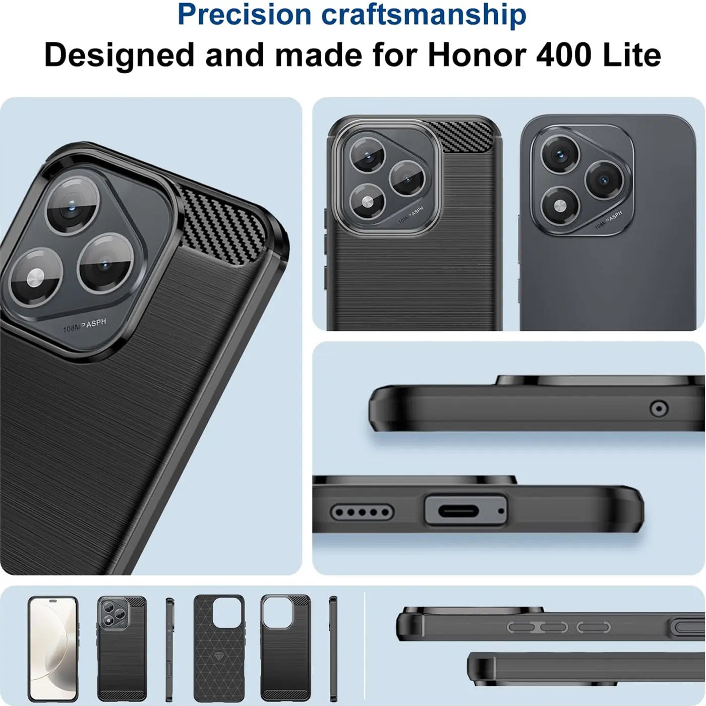 Schwarze Carbon-Hülle für Honor 400 Lite, von vorne und Seite gezeigt.
