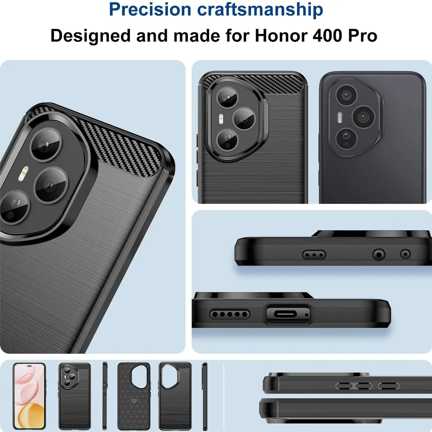 Schwarze Carbon-Hülle, von schräg vorne, für Honor 400 Pro.