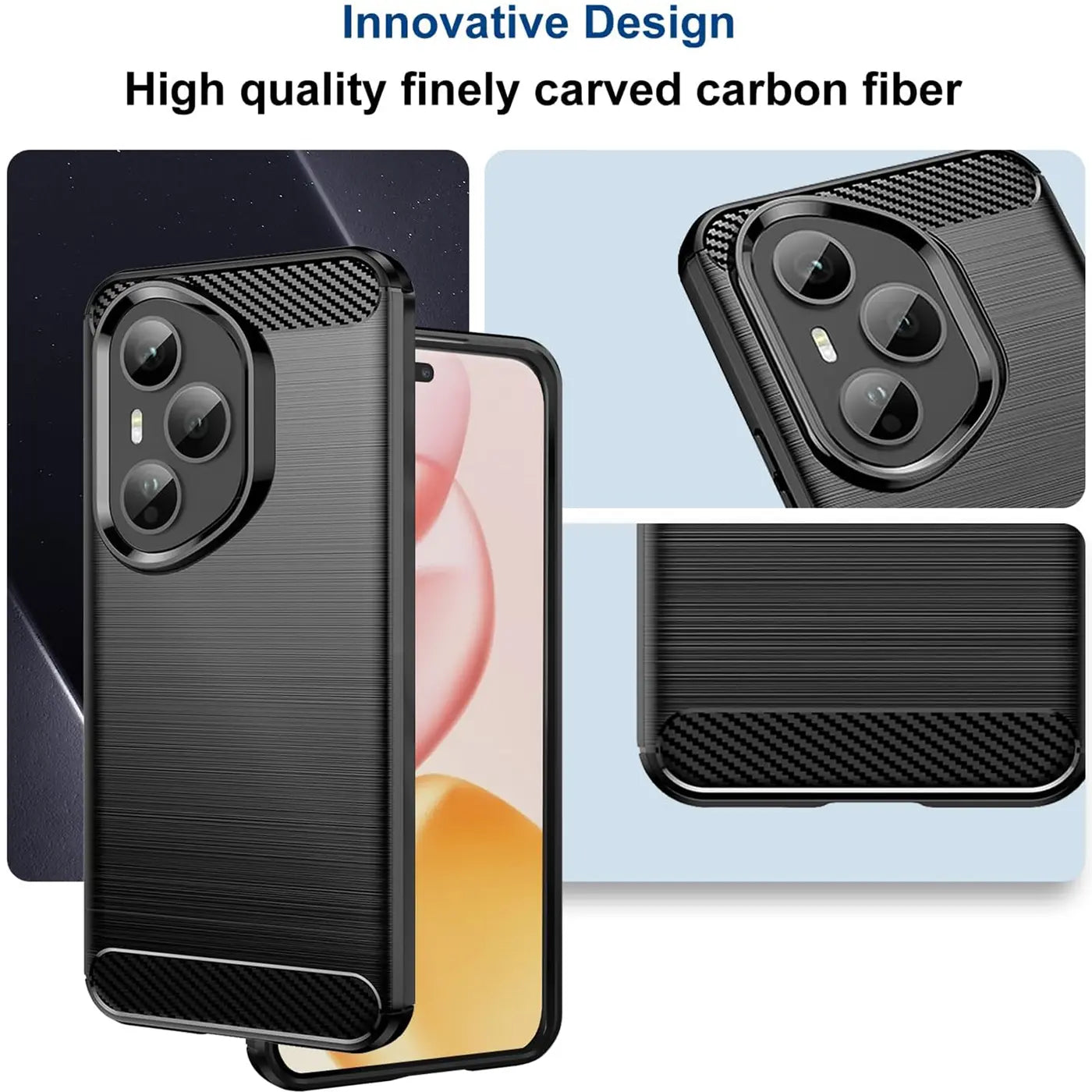 Schwarze Carbon-Hülle für Honor 400 Pro, Nahaufnahme, Rückseite mit Kamera, von oben