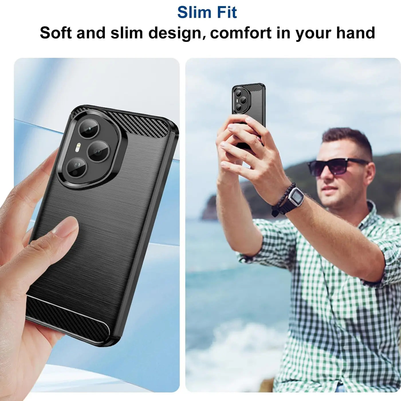 Schwarze Carbon-Handyhülle, Nahaufnahme, Honor 400 Pro.