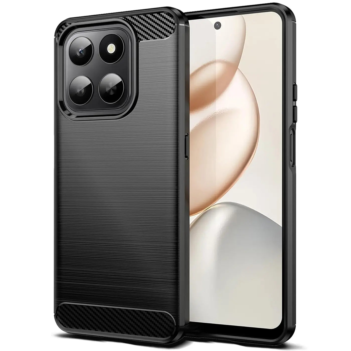 Schwarze Carbon-Hülle mit gebürsteter Oberfläche für Honor 400 Smart, Seitenansicht.