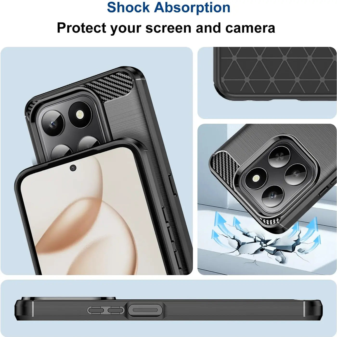 Schwarze Carbon-Hülle für Honor 400 Smart, Nahaufnahme, Stoßschutz-Design.