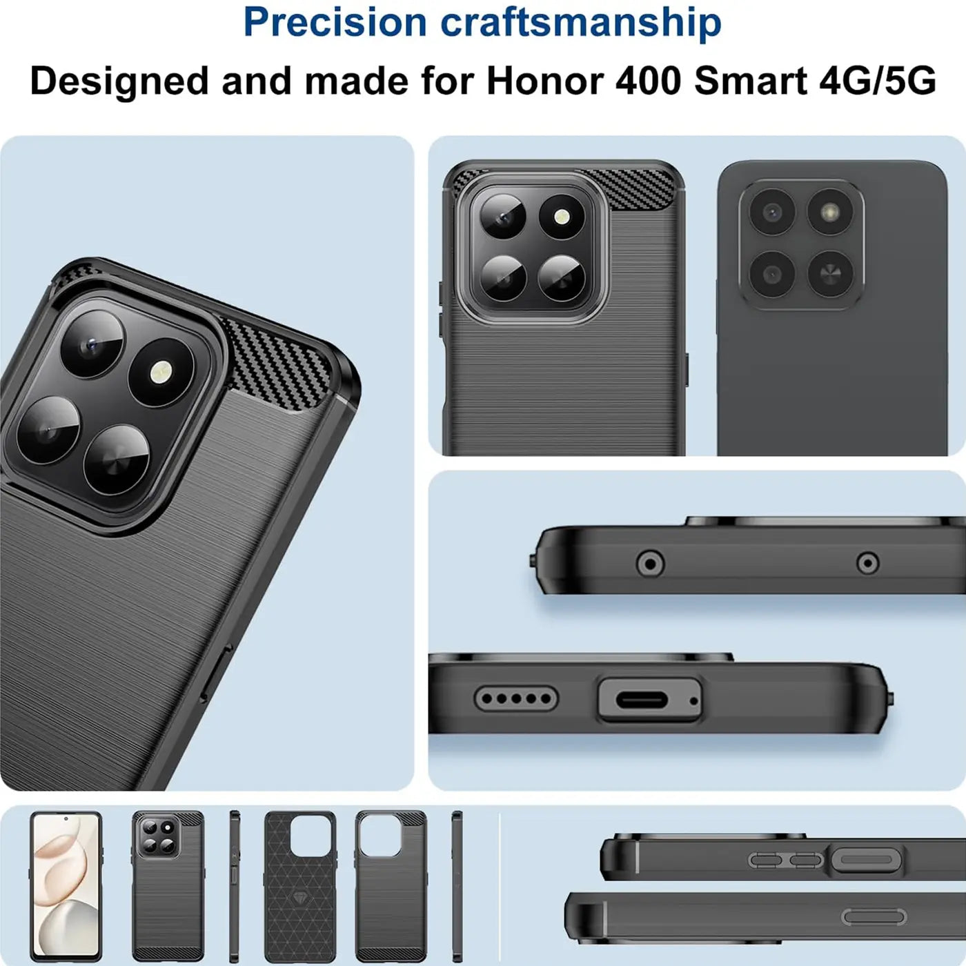 Dunkelgraue Carbon-Hülle für Honor 400 Smart, Nahaufnahme Rückseite, Seitenansicht.
