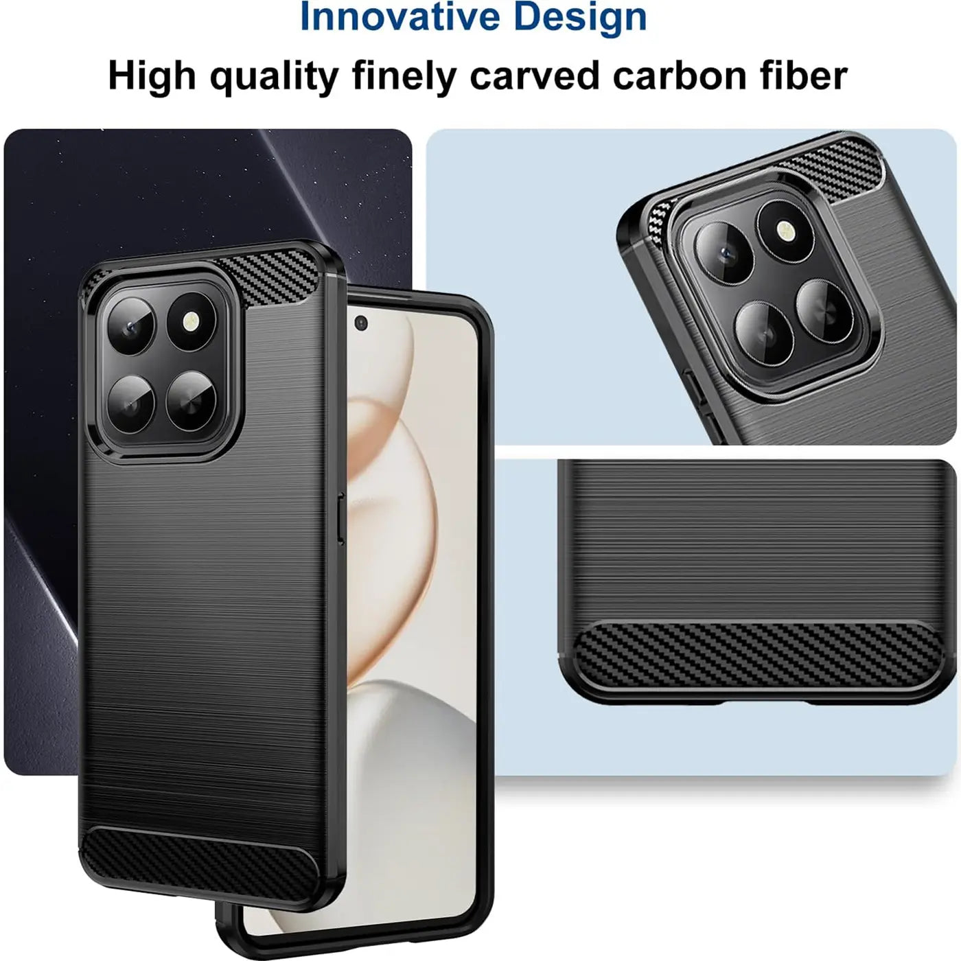 Schwarze Carbon-Hülle mit gebürsteter Textur, Nahaufnahme eines Honor 400 Smart.