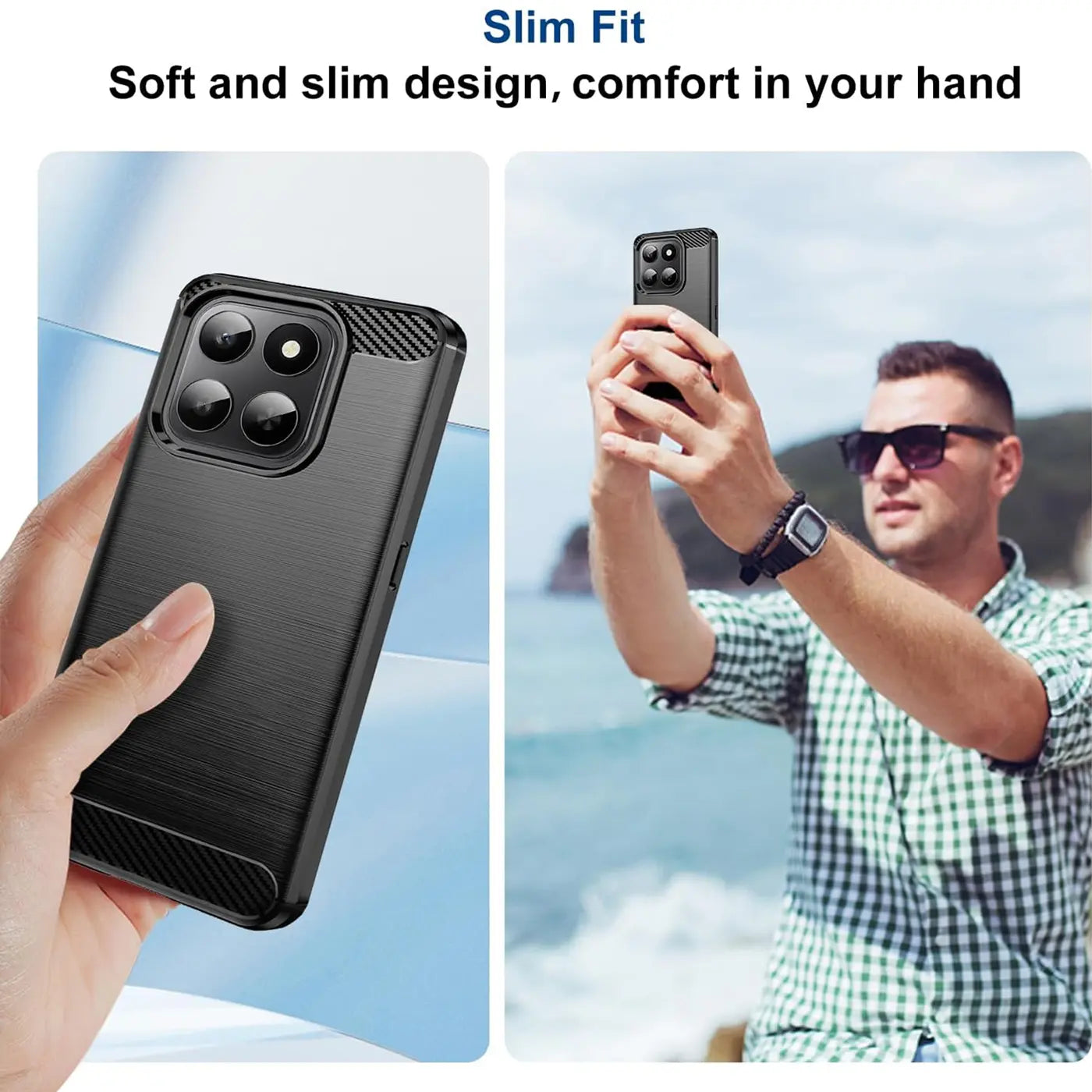 Schwarze Carbon-Hülle für Honor 400 Smart, von vorne gezeigt, mit Kamera-Aussparung.