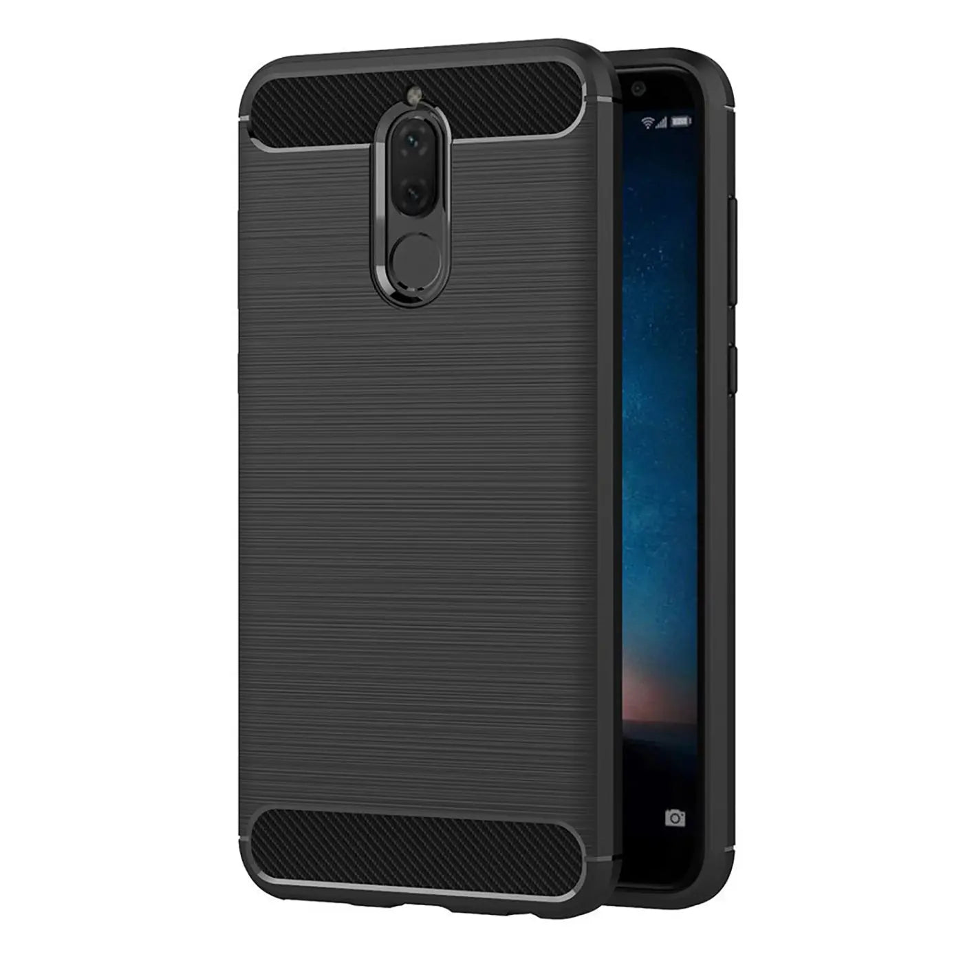Schwarze Carbon-Hülle mit gebürsteter Textur, seitliche Ansicht, zeigt Huawei Mate 10 Lite.