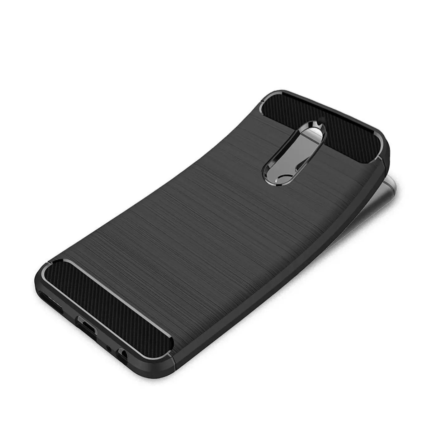 Schwarze Carbon-Hülle, gebürstete Textur, von schräg oben, für Huawei Mate 10 Lite