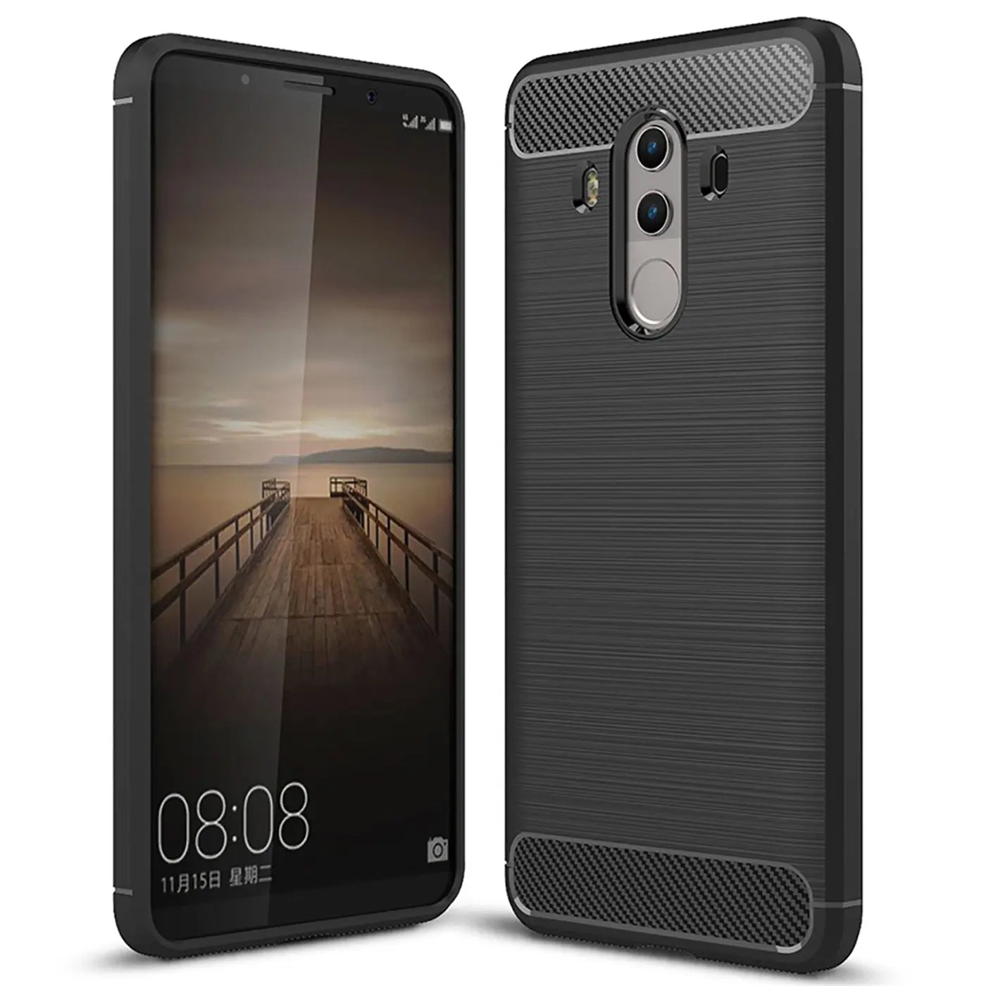 Schwarzes Huawei Mate 10 Pro mit Carbon-Hülle, Vorder- und Rückansicht, stoßfest.