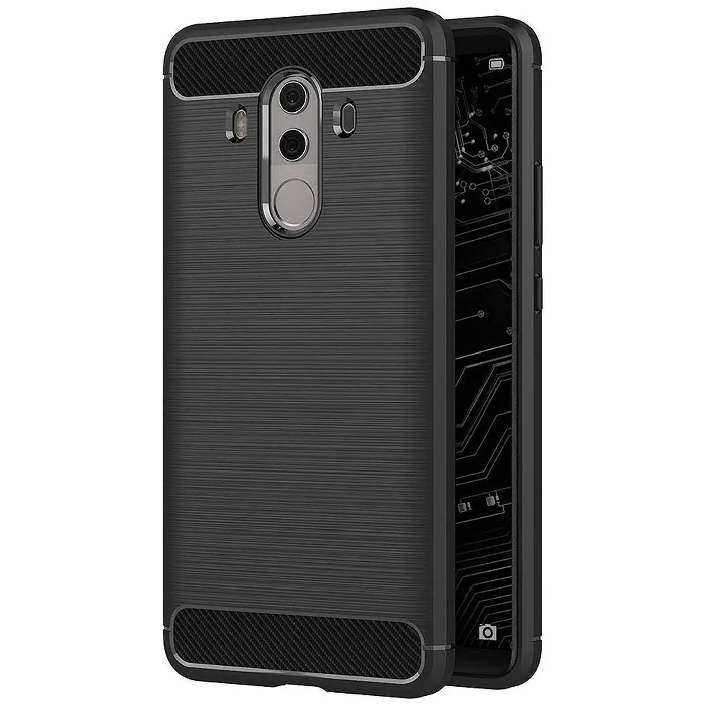 Schwarze Carbon-Hülle mit gebürsteter Textur, von vorne/seitlich, zeigt Huawei Mate 10 Pro