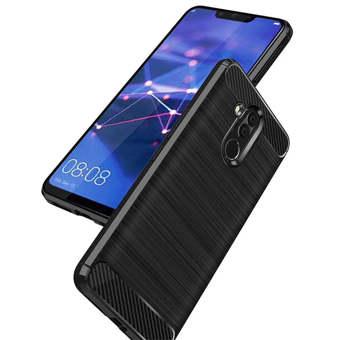 Schwarze Carbon-Hülle auf Huawei Mate 20 Lite, von schräg oben.