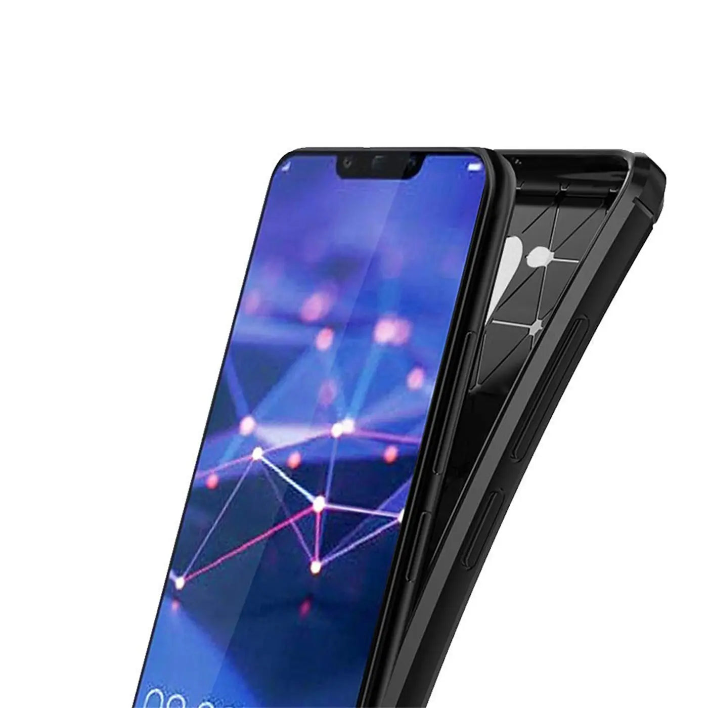 Schwarze Carbon-Hülle mit Innenmuster, seitliche Ansicht, Huawei Mate 20 Lite.