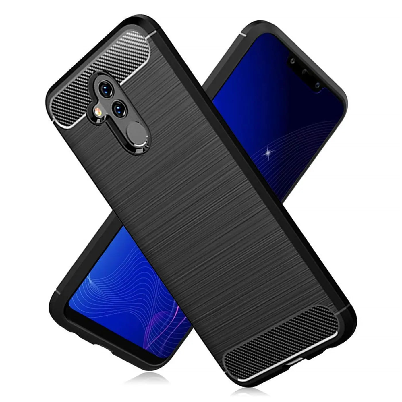 Schwarze Carbon-Hülle mit gebürsteter Textur, schützt ein Huawei Mate 20 Lite.
