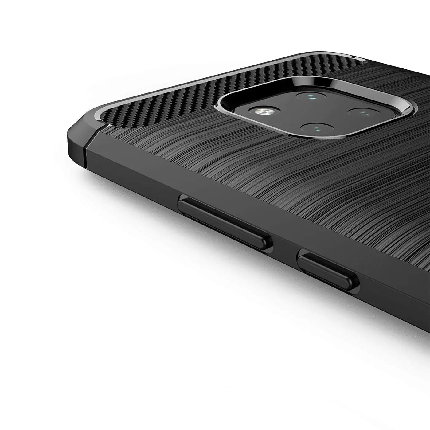 Schwarze Carbon-Hülle, Nahaufnahme, Huawei Mate 20 Pro Kamera-Modul sichtbar.