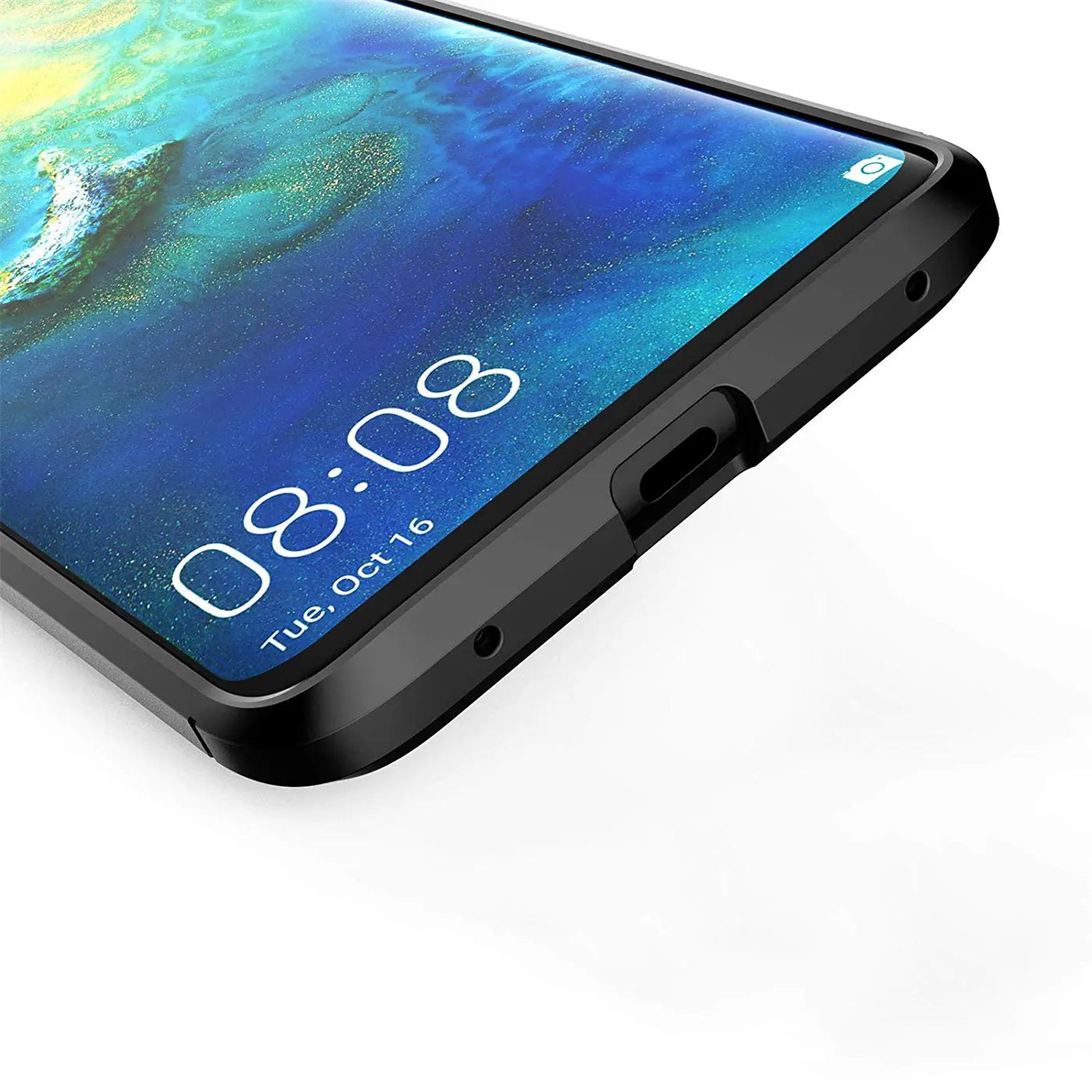 Huawei Mate 20 Pro in schwarzer Carbon-Hülle, Seitenansicht.