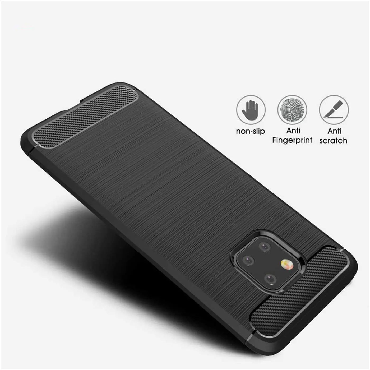 Schwarze Carbon-Hülle für Huawei Mate 20 Pro, von schräg oben gezeigt.