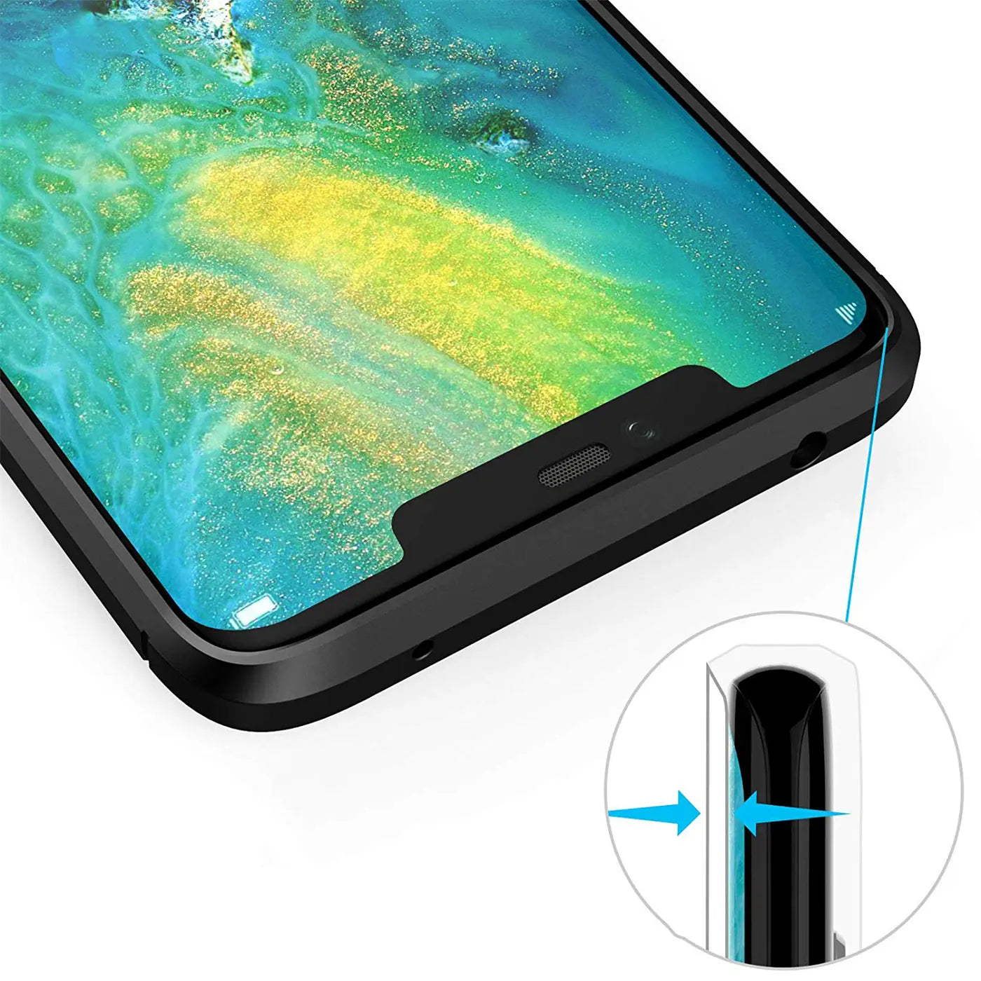Schwarze Carbon-Hülle um ein Huawei Mate 20 Pro, Nahaufnahme von oben links.