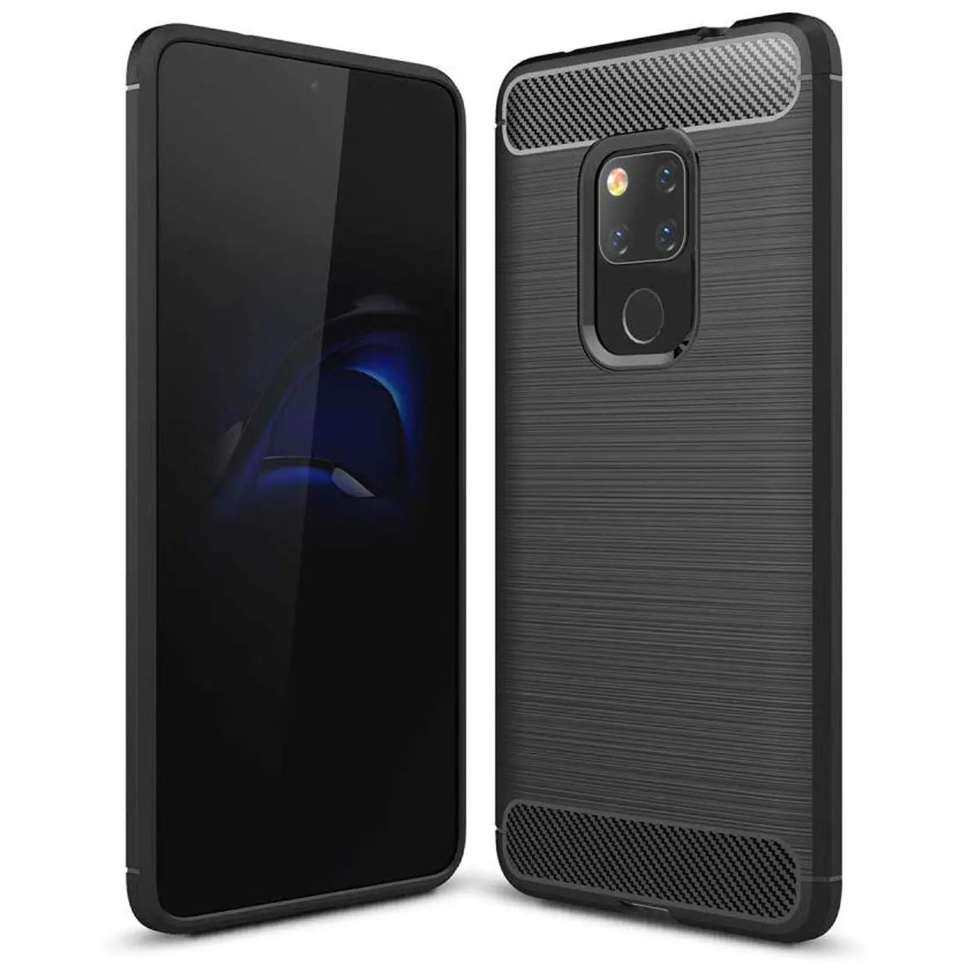 Schwarze Carbon-Hülle für Huawei Mate 20, von schräg vorne, mit gebürsteter Oberfläche.