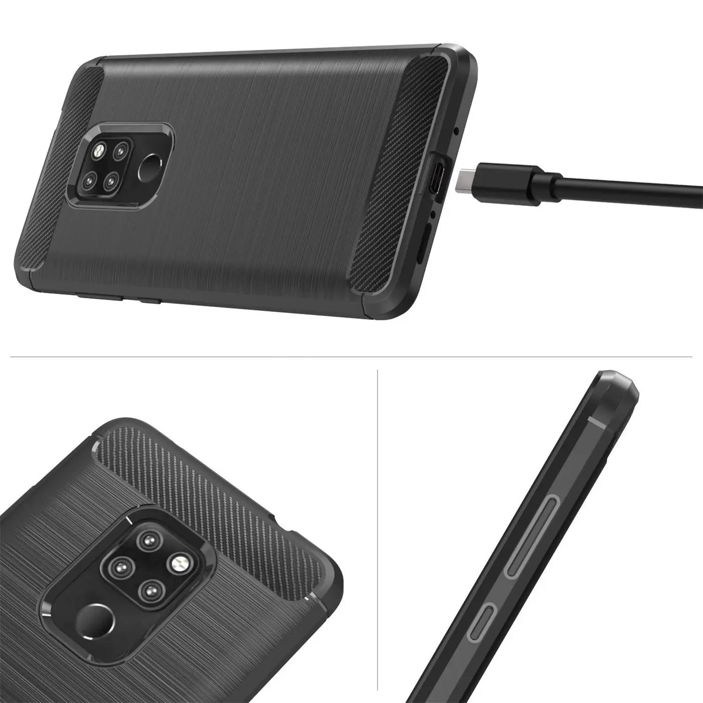 Schwarze Carbon-Hülle mit gebürsteter Textur, zeigt Huawei Mate 20 mit USB-C-Kabel.