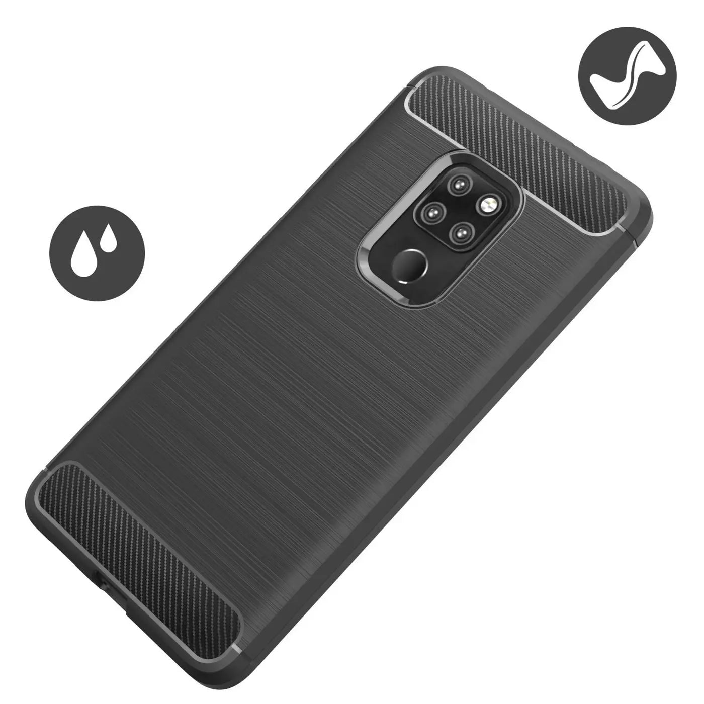 Schwarze Carbon-Hülle für Huawei Mate 20, von hinten, leicht schräg.