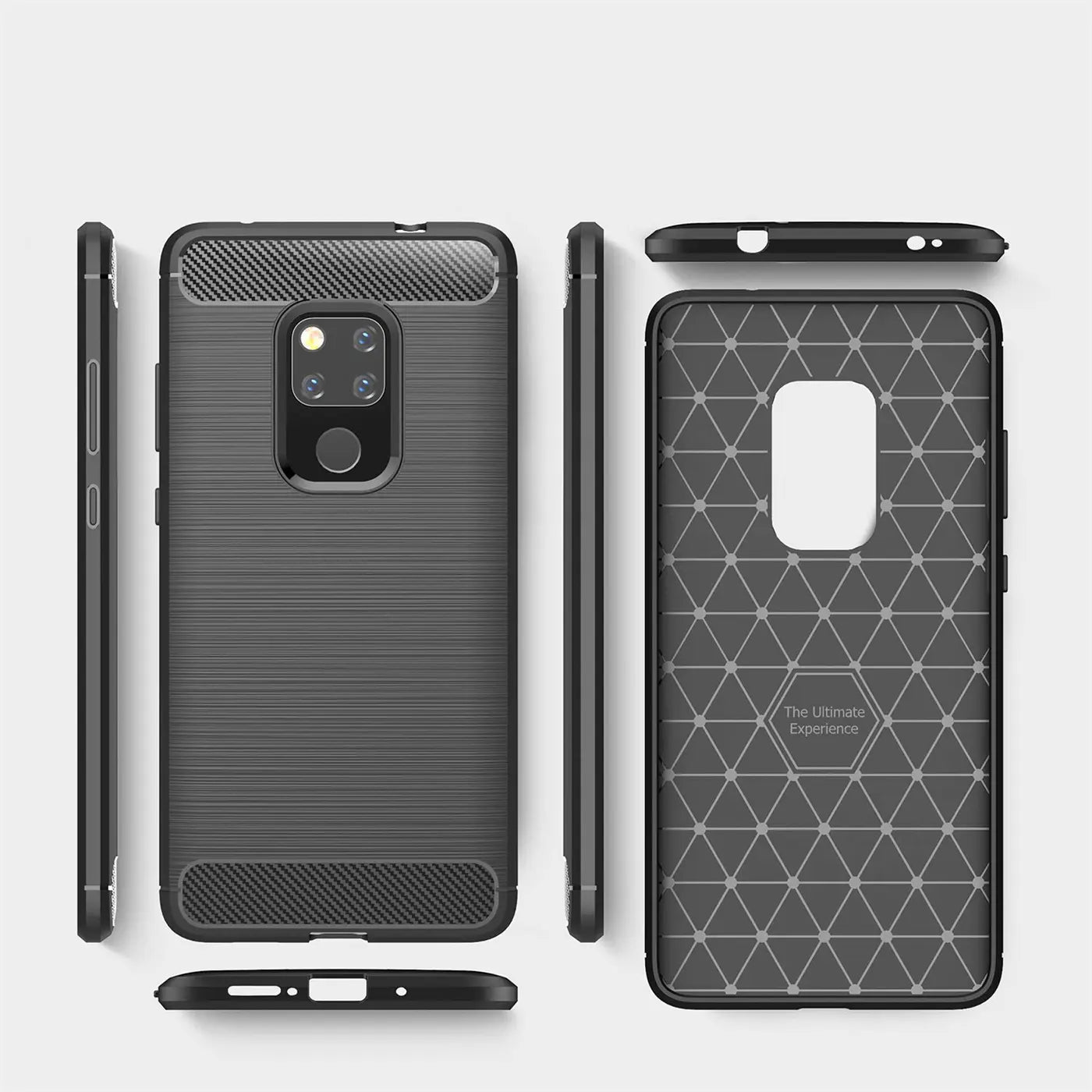 Dunkelgraue Carbon-Hülle für Huawei Mate 20, Vorder- und Rückansicht, von der Seite