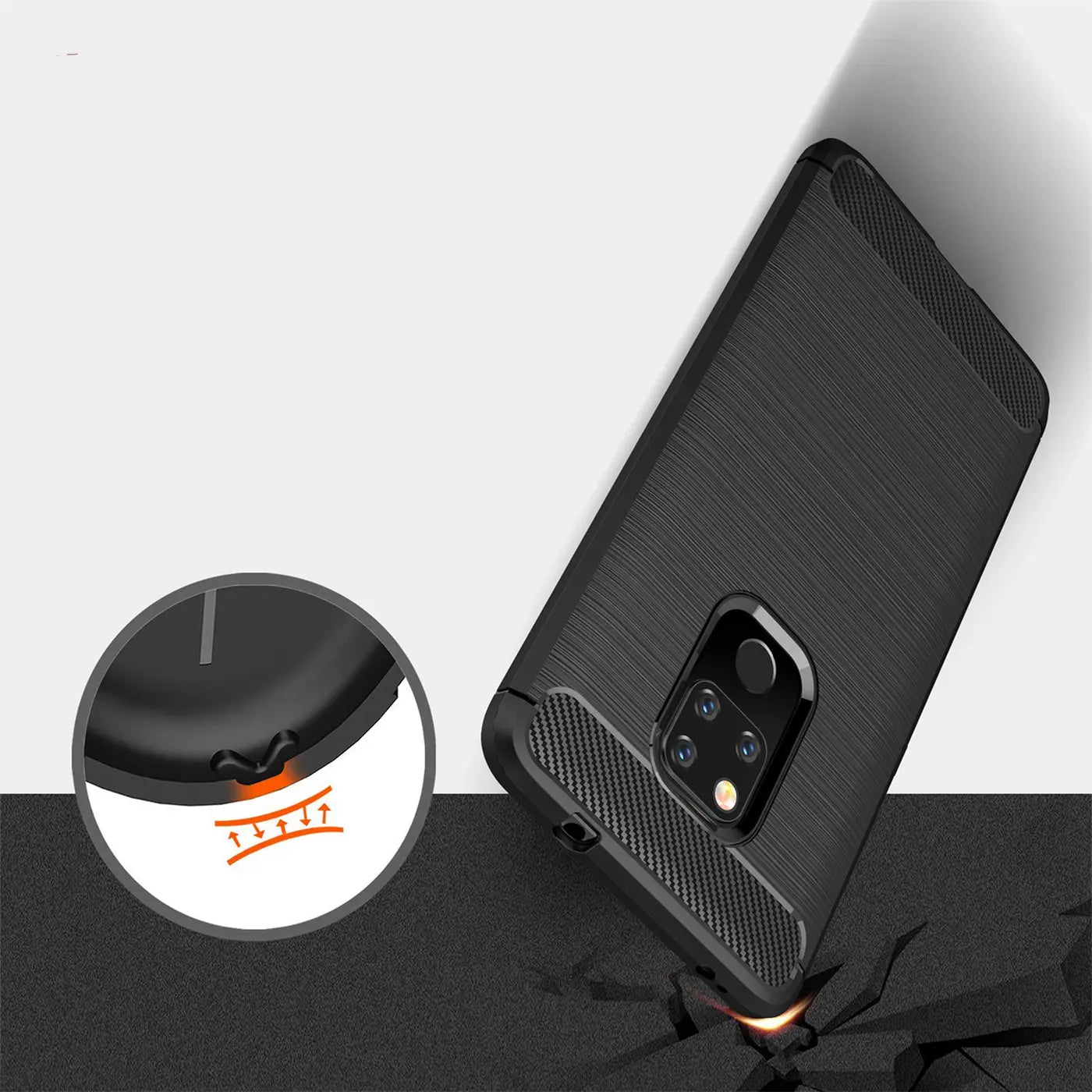 Schwarze Carbon-Hülle für Huawei Mate 20, von schräg hinten, stoßfest.