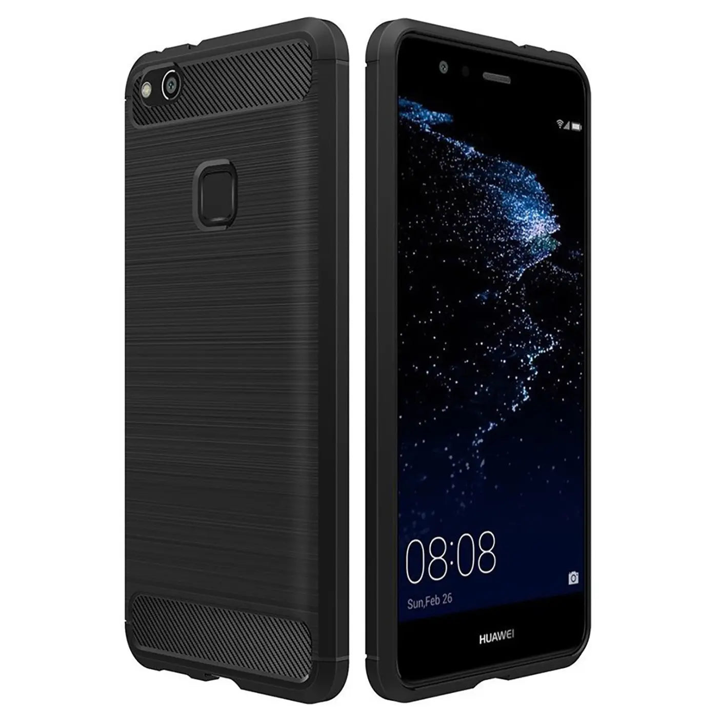 Schwarze Carbon-Hülle mit gebürsteter Textur, seitliche Ansicht, Huawei P10 Lite.