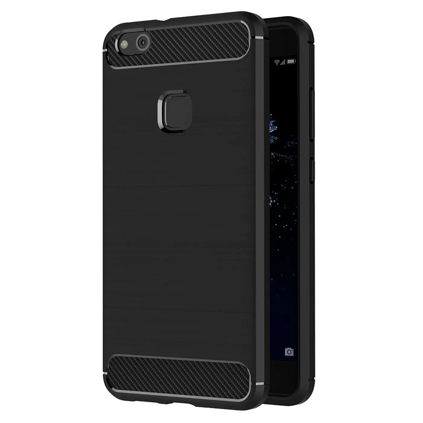 Schwarze Carbon-Hülle mit gebürstetem Finish für Huawei P10 Lite, von schräg vorne gezeigt.