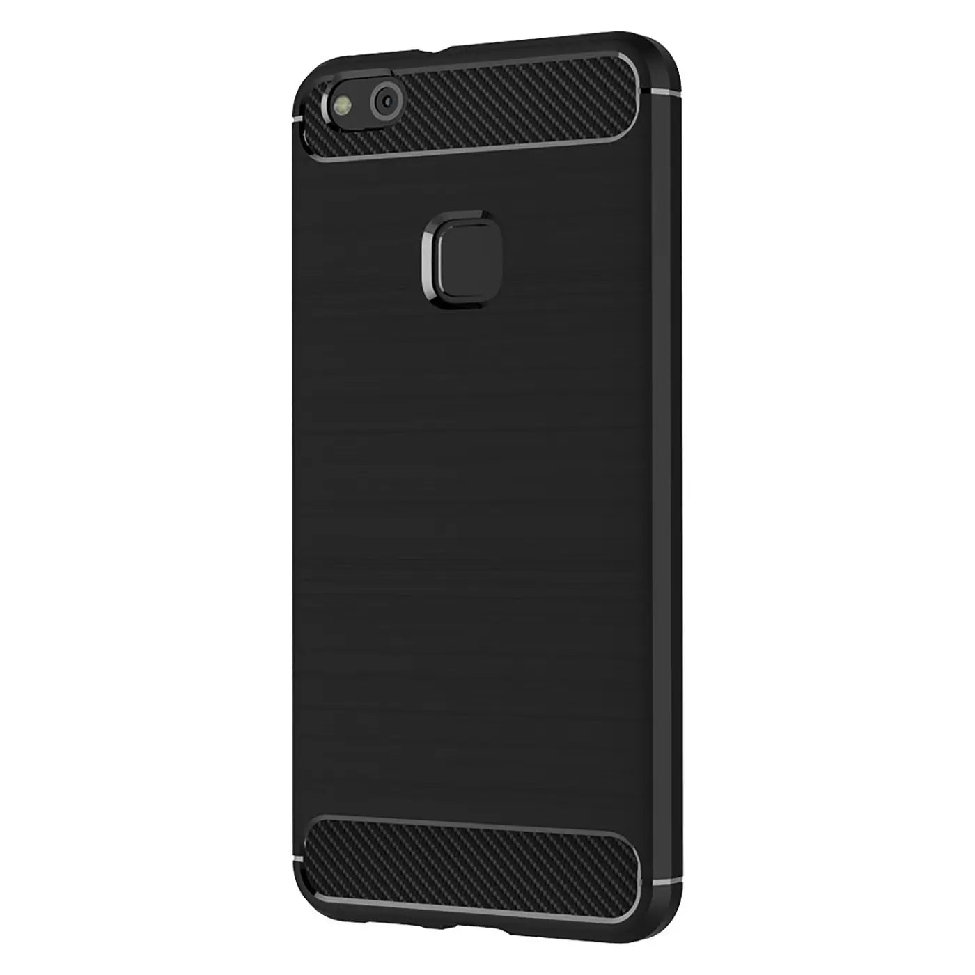 Schwarze Carbon-Hülle mit gebürsteter Oberfläche, von vorne schräg fotografiert, zeigt Huawei P10 Lite.