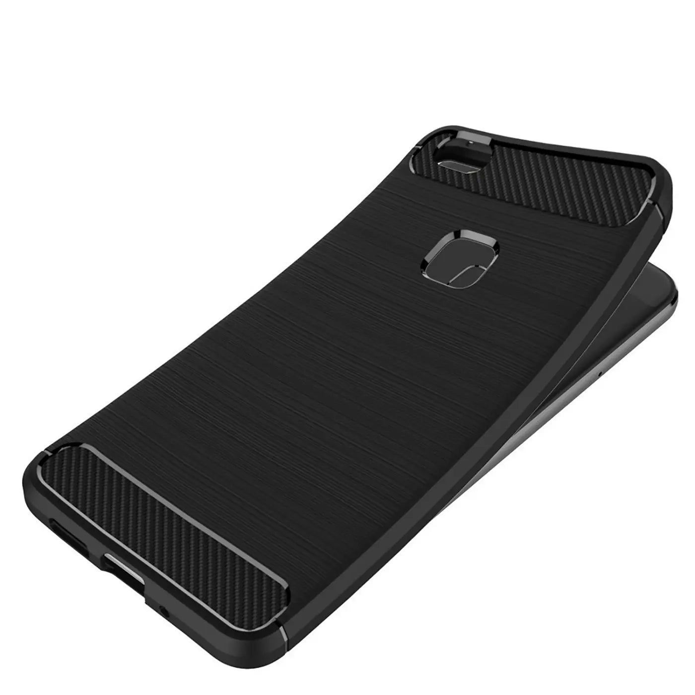 Schwarze Carbon-Hülle mit gebürsteter Textur, von schräg oben, für Huawei P10 Lite.