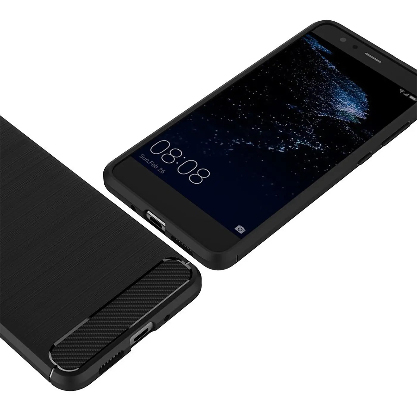 Schwarze Carbon-Hülle auf Huawei P10 Lite, von oben rechts betrachtet.