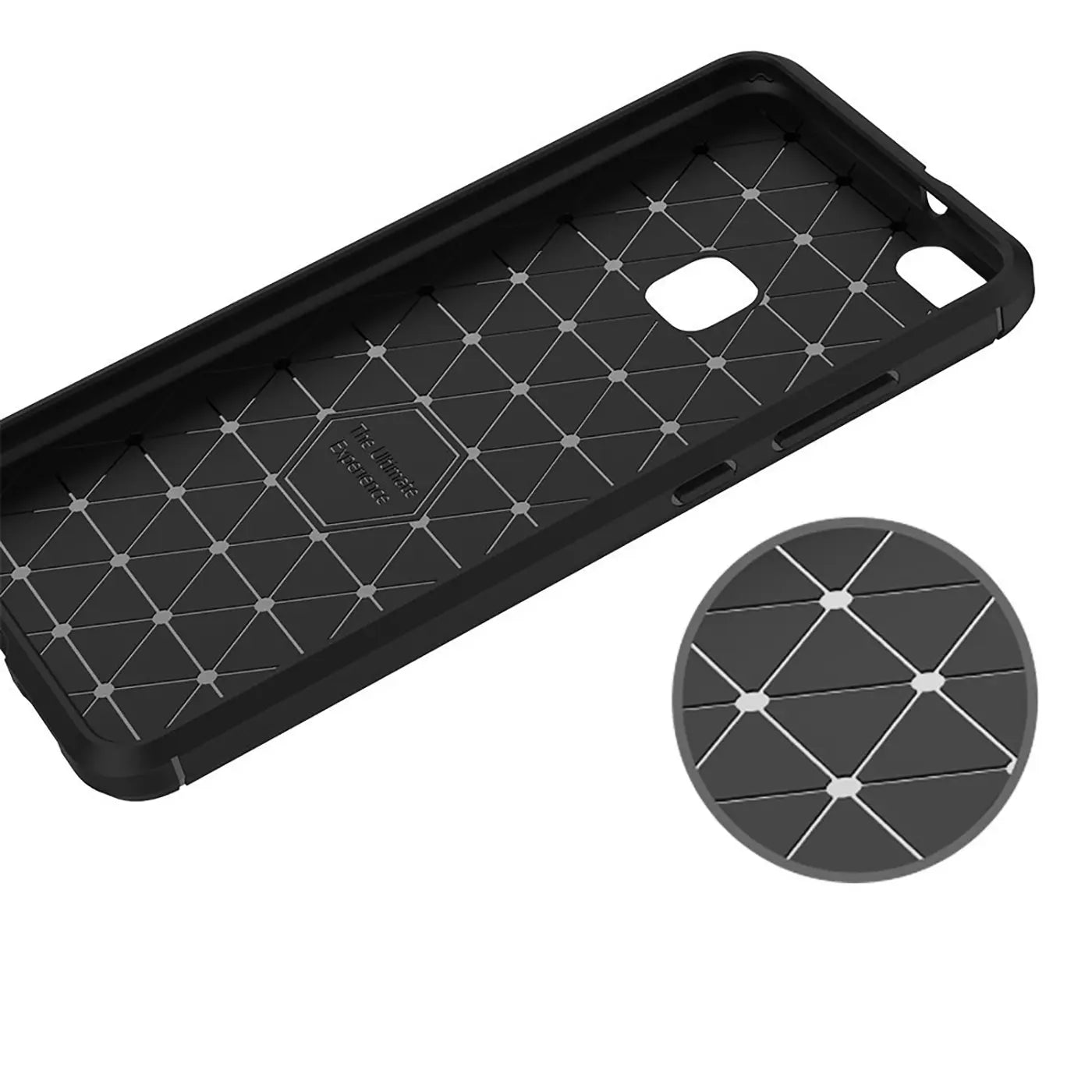 Schwarze Carbon-Hülle, Innenansicht, Muster, Ausschnitt für Kamera/Fingerabdrucksensor.