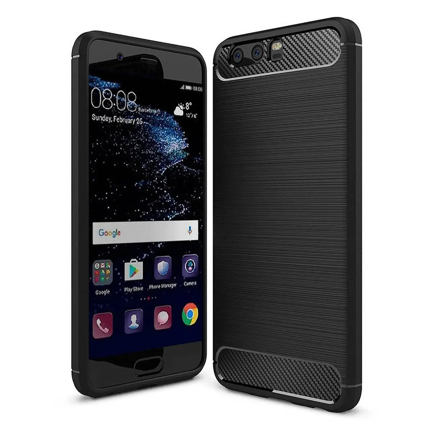 Schwarze Carbon-Hülle mit gebürsteter Textur, von vorne und von der Seite, zeigt Huawei P10.