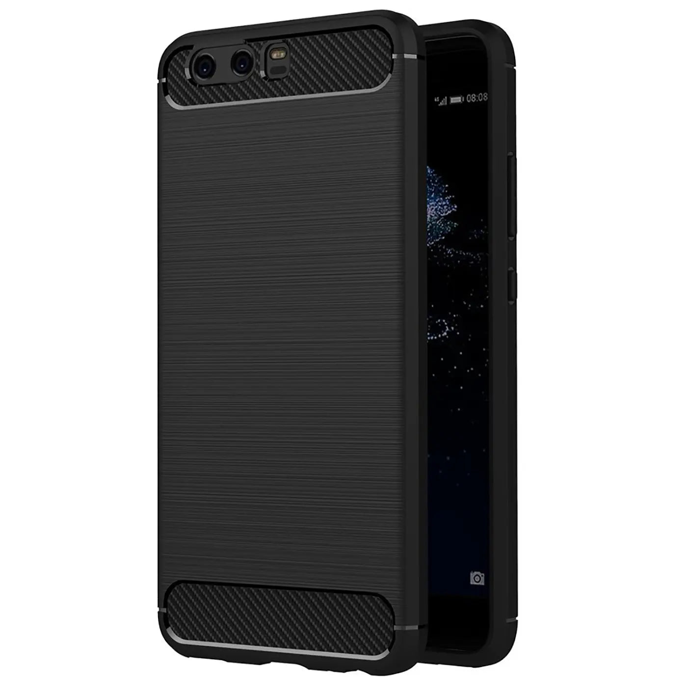 Schwarze Carbon-Hülle mit gebürsteter Oberfläche, seitliche Ansicht, zeigt Huawei P10.