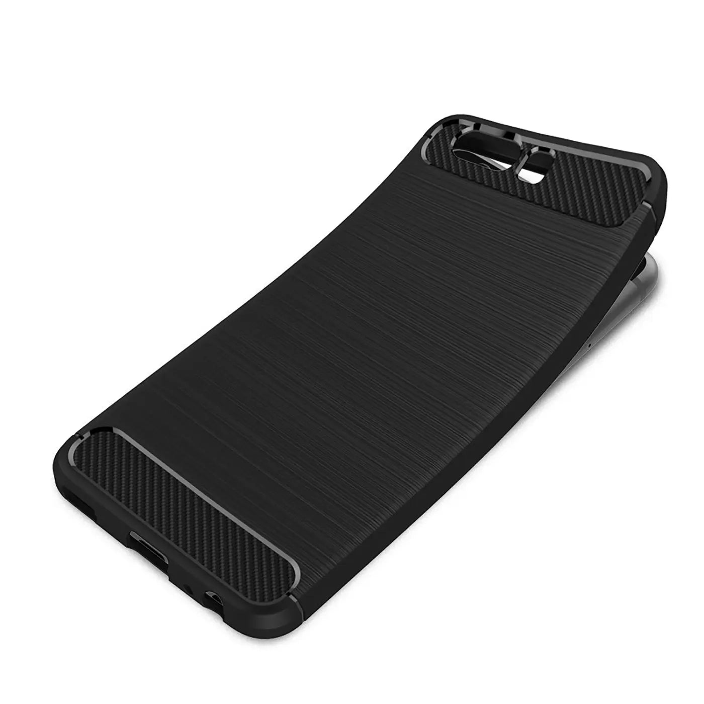 Schwarze Carbon-Hülle für Huawei P10, von schräg oben fotografiert.