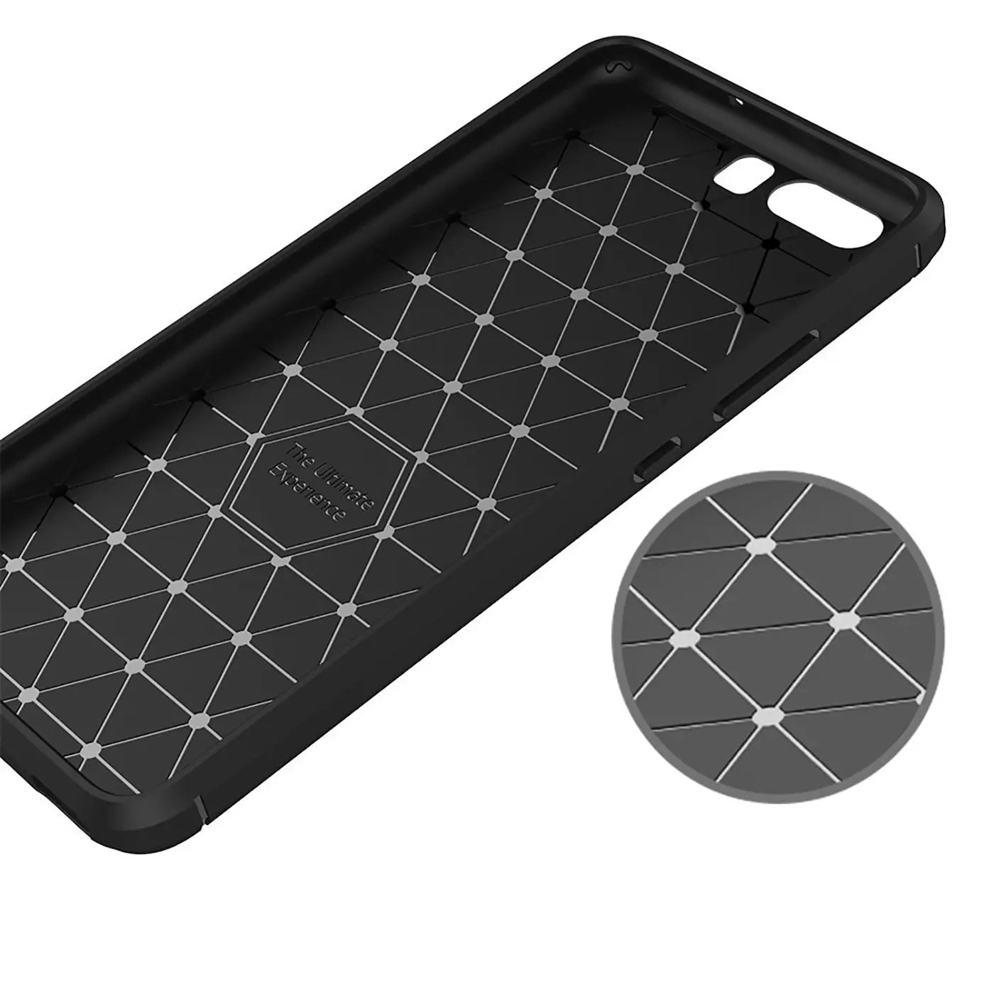 Schwarze Carbon-Hülle, Innenansicht, Muster, Huawei P10 erkennbar