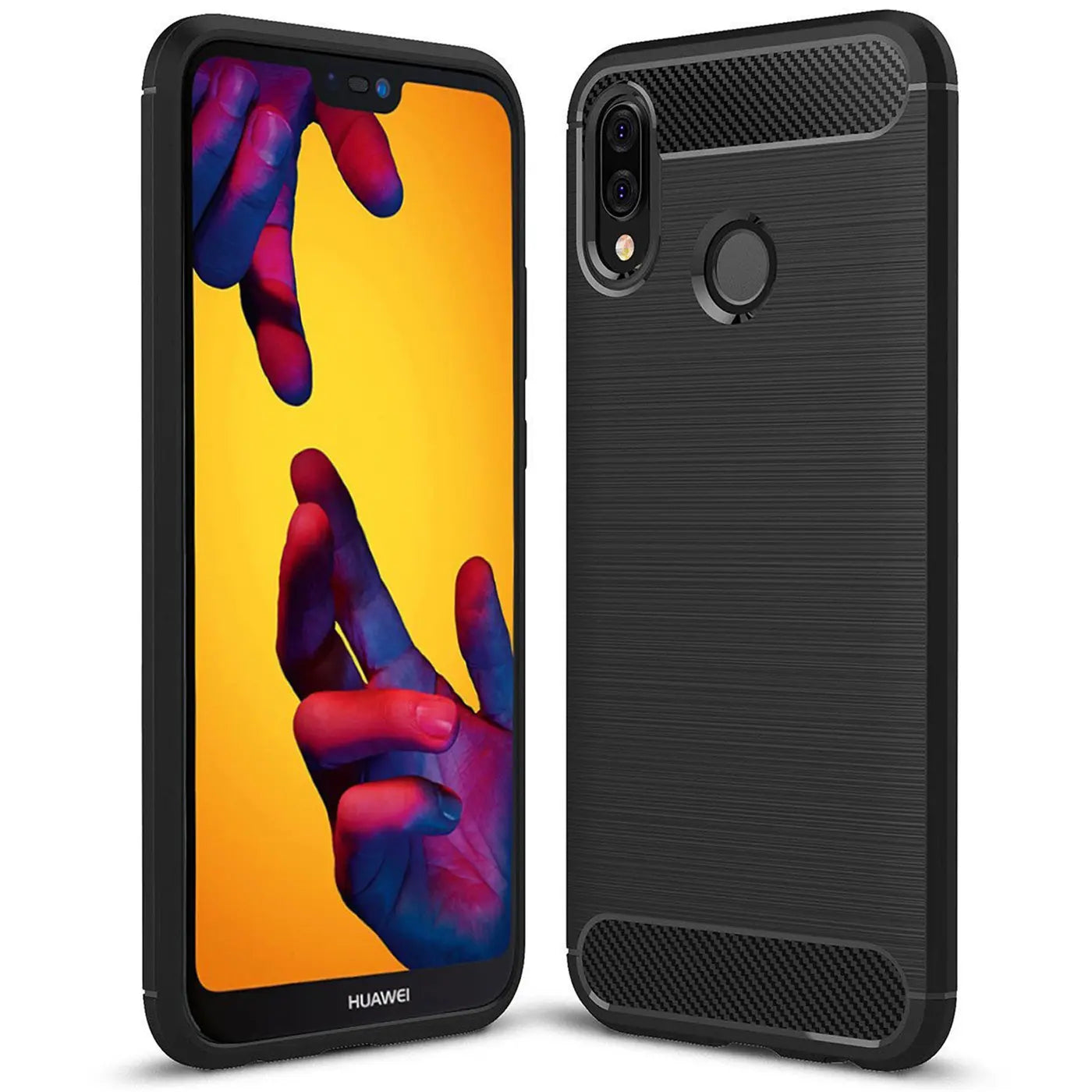 Schwarze Carbon-Hülle für Huawei P20 Lite, Rückansicht und Vorderansicht