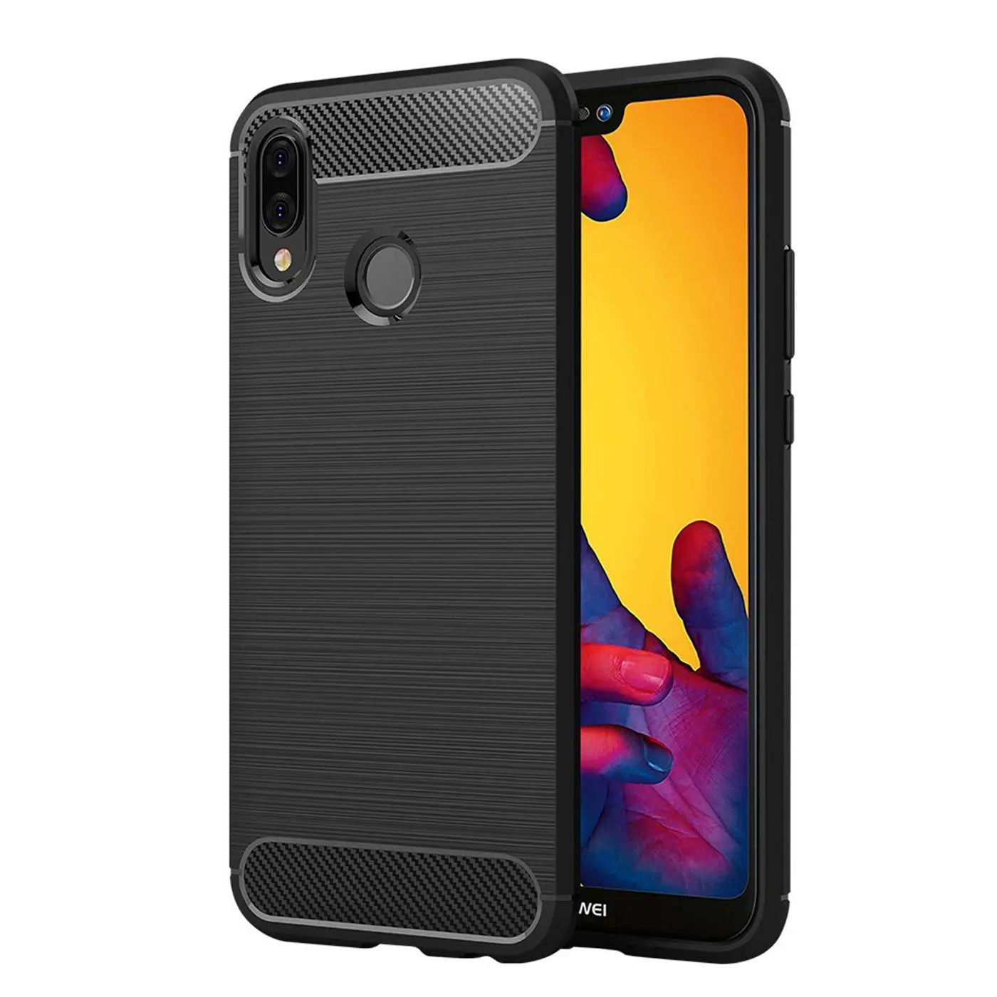 Schwarze Carbon-Hülle für Huawei P20 Lite, von vorne links, stoßfest.