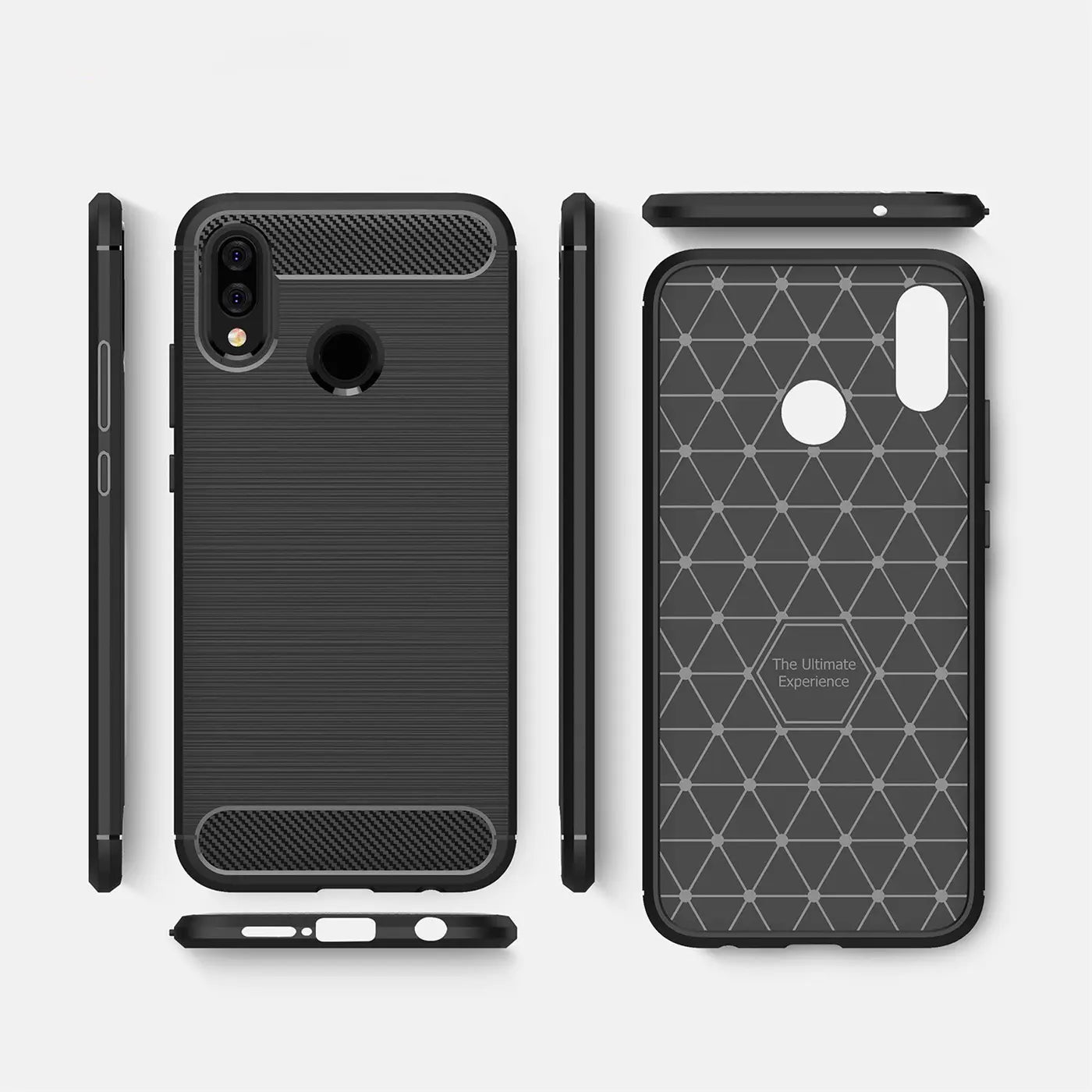 Schwarze Carbon-Hülle für Huawei P20 Lite, Vorder- und Rückansicht, Seitenansicht.