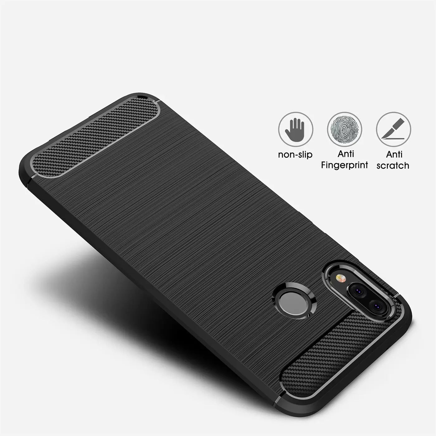 Schwarze Carbon-Hülle für Huawei P20 Lite, von oben links, mit Fingerabdrucksensor-Aussparung.
