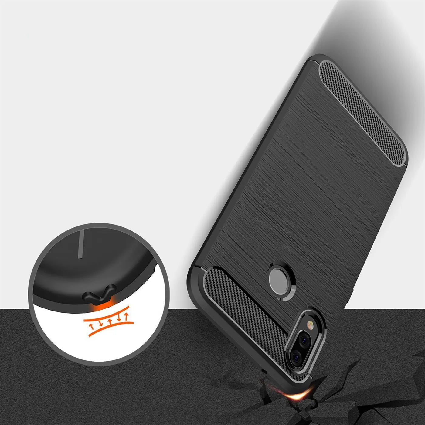 Schwarze Carbon-Hülle für Huawei P20 Lite, von schräg oben, stoßfest.