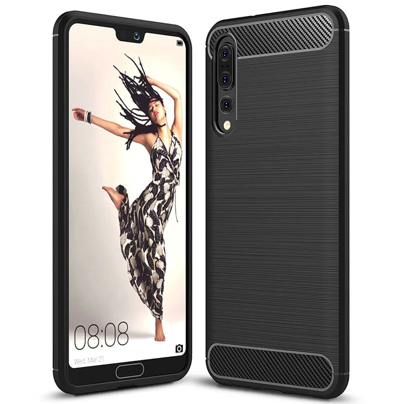 Schwarze Carbon-Hülle, von vorne und hinten gezeigt, für Huawei P20 Pro.