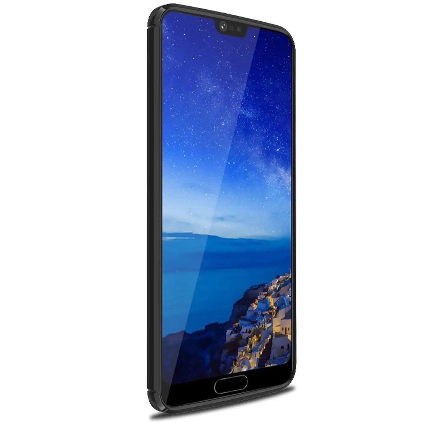 Schwarze Carbon-Hülle für Huawei P20 Pro, von der Seite gezeigt.