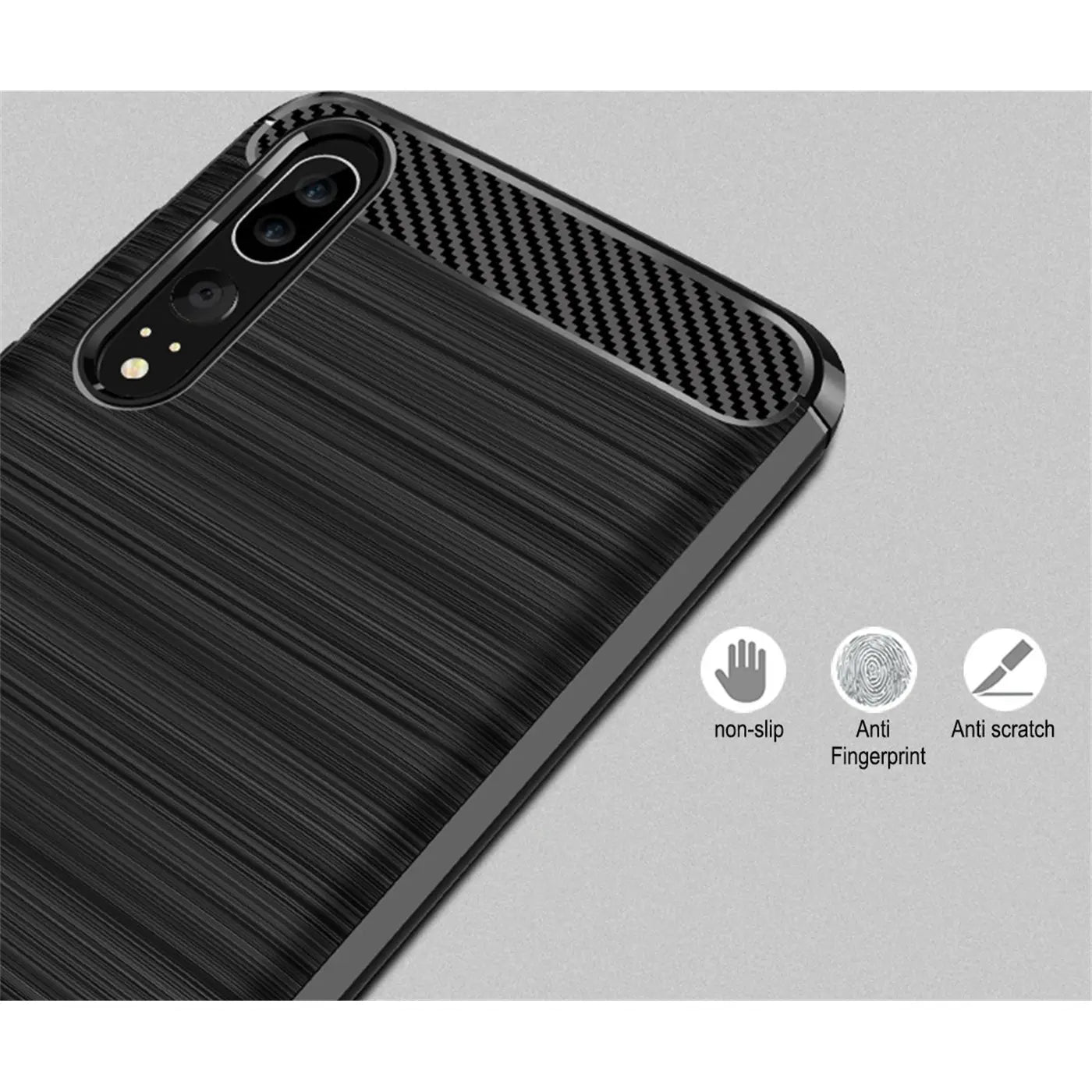 Schwarze Carbon-Hülle mit gebürsteter Textur für Huawei P20 Pro, Nahaufnahme.