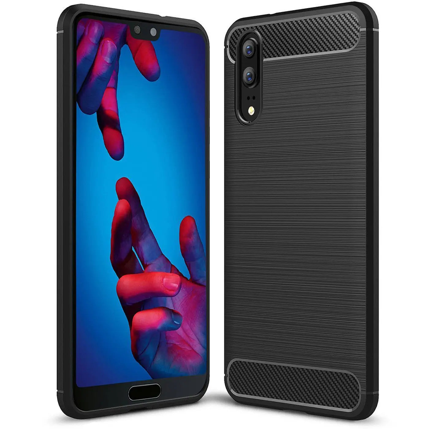 Schwarze Carbon-Hülle für Huawei P20, Seitenansicht und Rückansicht, stoßfest