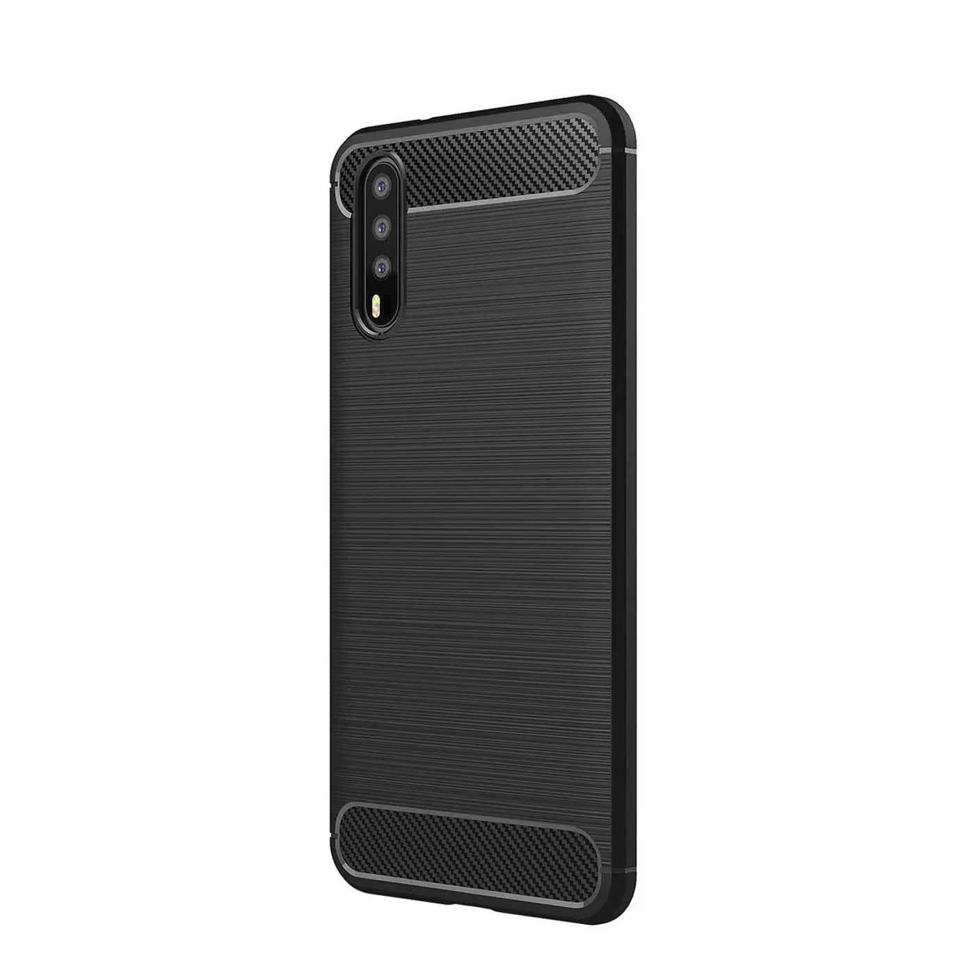 Schwarze Carbon-Hülle mit gebürsteter Textur, von der Seite fotografiert, zeigt Huawei P20.