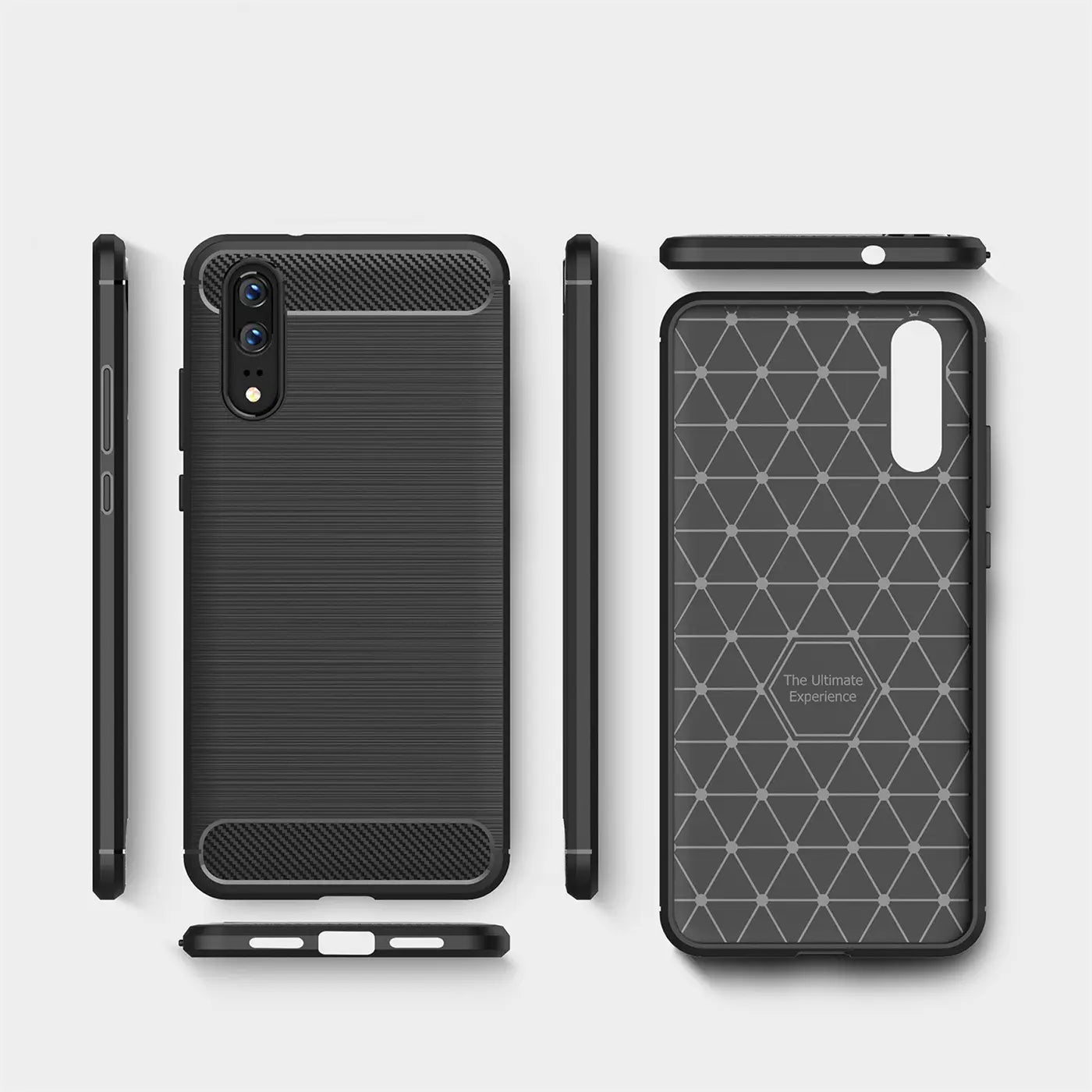 Schwarze Carbon-Hülle, verschiedene Ansichten, Huawei P20.