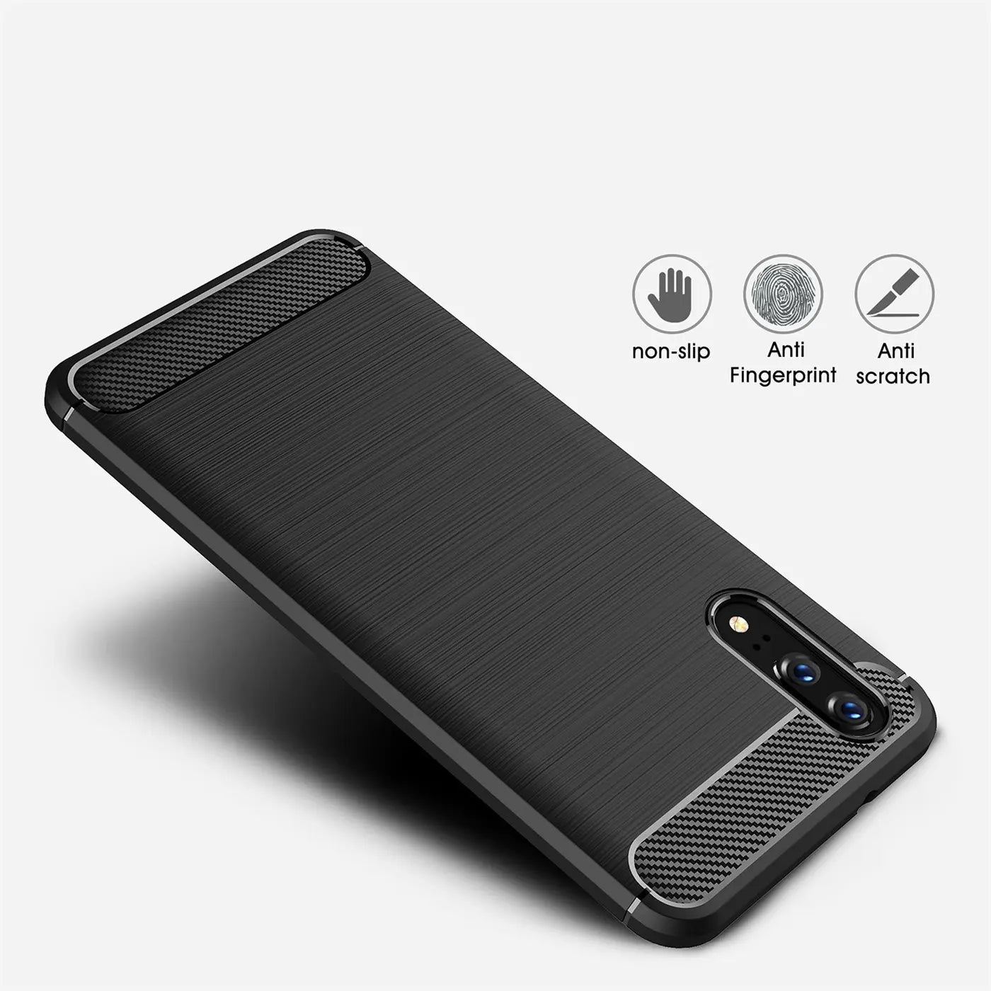Schwarze Carbon-Hülle für Huawei P20, von oben schräg fotografiert.